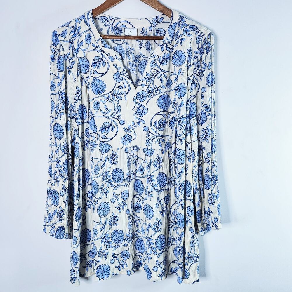 Croft And Barrow Womens White Blue Floral Babydoll Tunic Size XL Boho Hippie